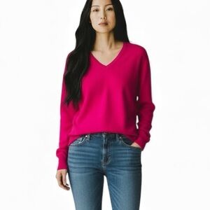 Ellen Tracy Magenta Pink Cashmere V Neck Long Sleeve Luxury Knit Sweater L